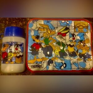 1997 Thermos Brand Looney Tunes Blues Insulated Soft Lunch Tote & Thermos Bottle